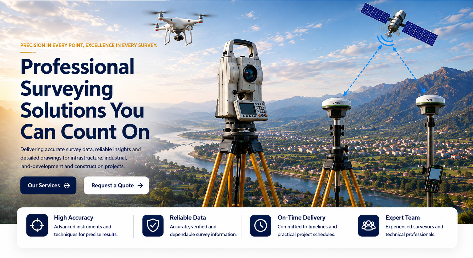 ATOZ surveying hero with Total Station, DGPS base, rover, drone and satellite over a mountain survey landscape